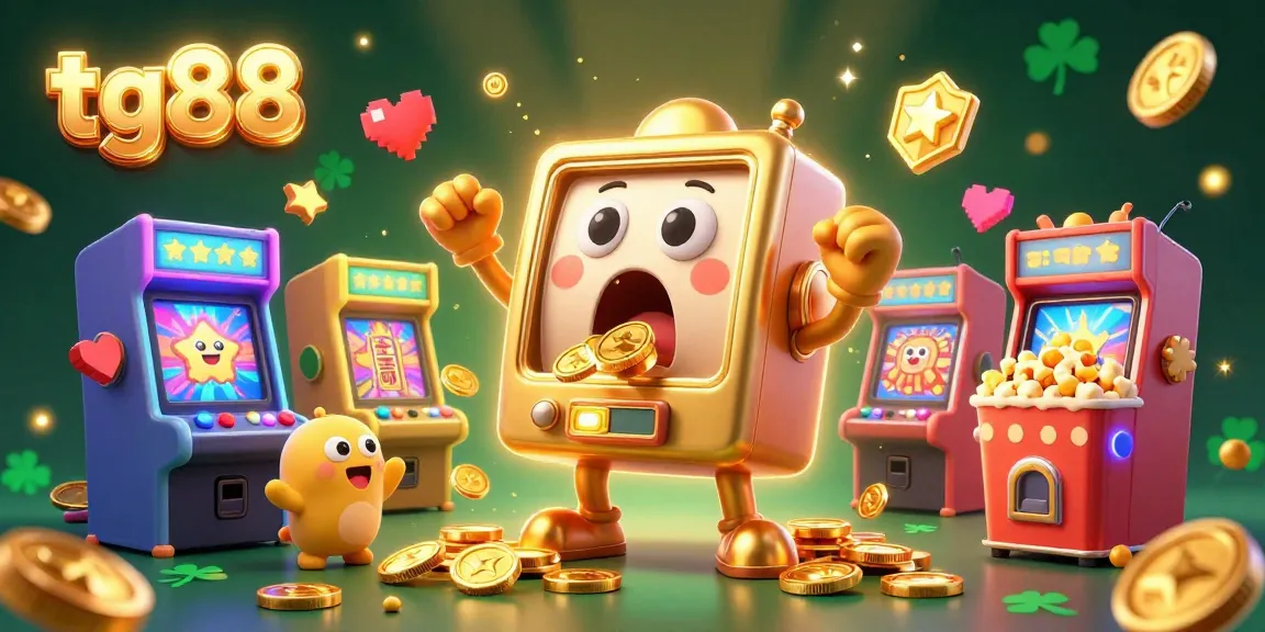 Engage with tg88's thrilling slot adventure, featuring a joyous golden slot machine winning big while surrounded by vibrant gaming elements.