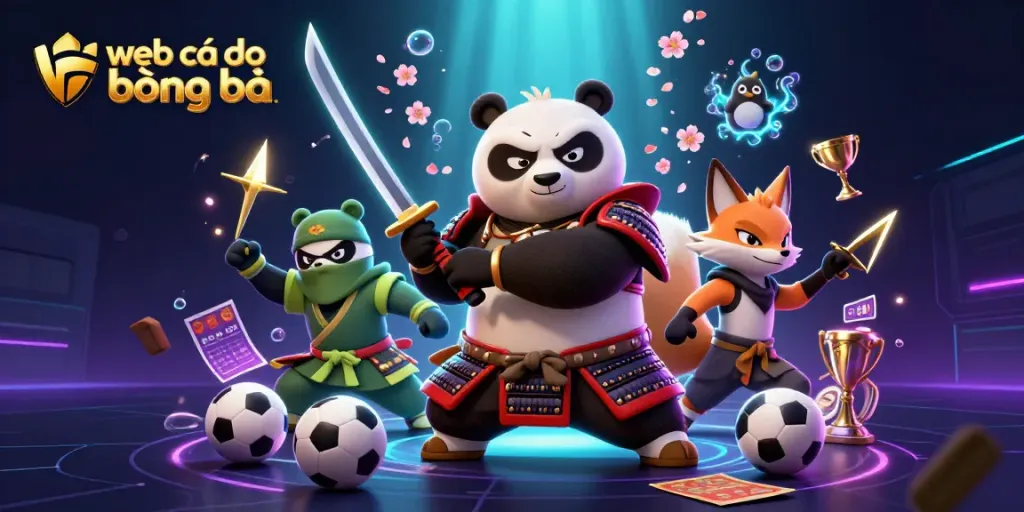 Experience the thrill of sports betting with web cá độ bóng đá featuring a samurai panda, ninja fox, and spirit in a vibrant scene.