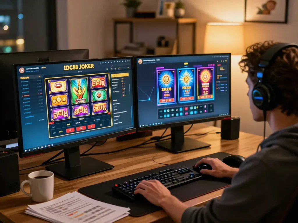 IDC88 JOKER player enjoying strategic online slots in a cozy gaming setup