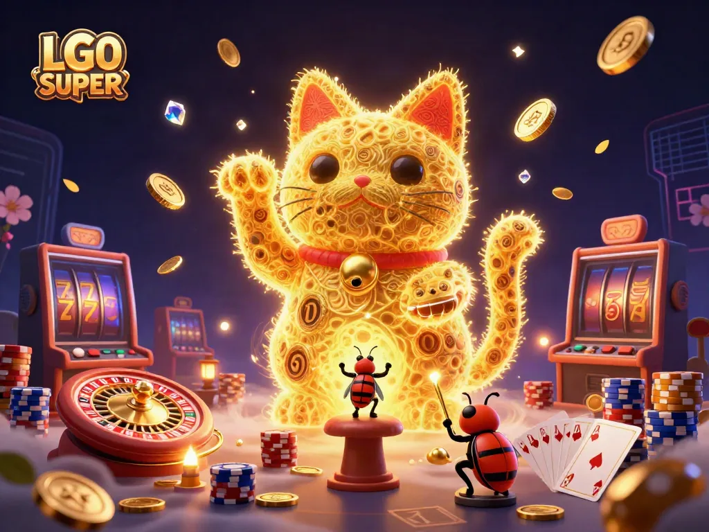 Experience the thrill of gaming at LGOSUPER with a vibrant scene of lucky symbols and casino elements.