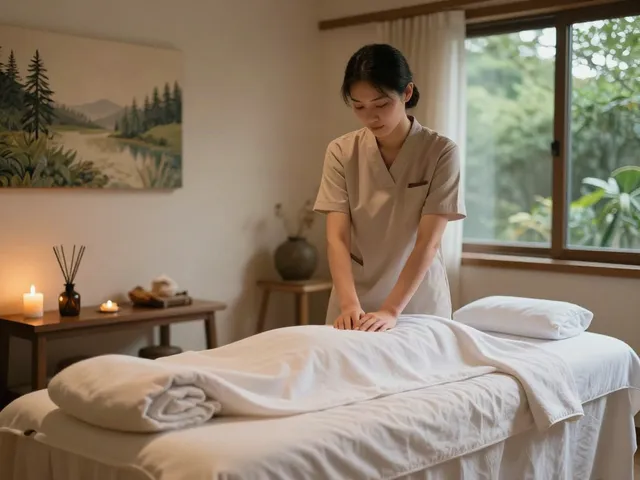 Professional 성남출장마사지 in a serene wellness studio, with soft textiles and calming ambiance.