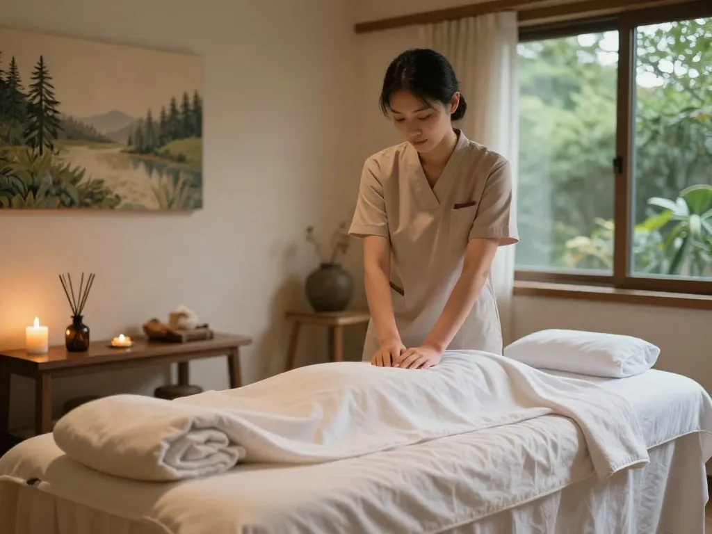 Professional 성남출장마사지 in a serene wellness studio, with soft textiles and calming ambiance.