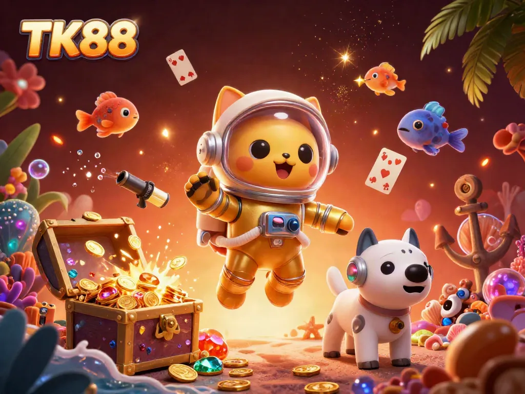 Experience thrilling gaming adventures with TK88's vibrant 3D casino illustration showcasing excitement and rewards.