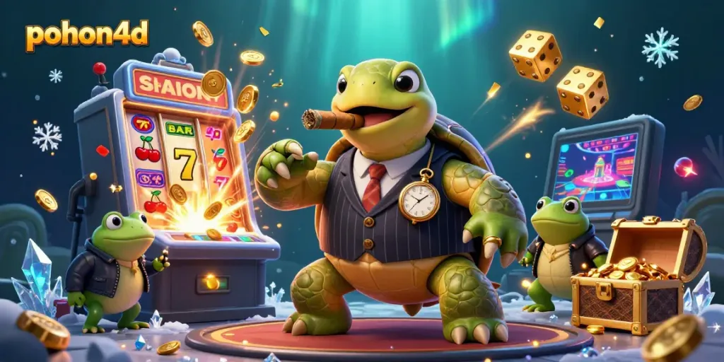 Engage with pohon4d’s casino vibe in this vibrant illustration featuring a snapping turtle and bullfrog enforcers.