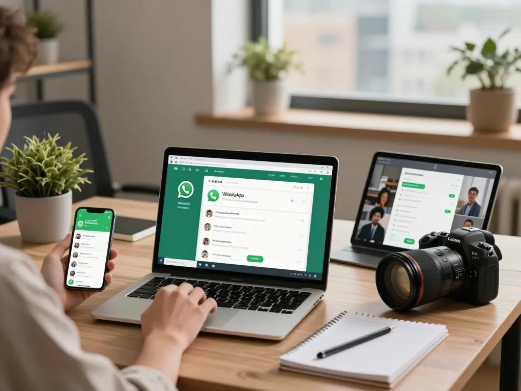 用户在多个设备上与WhatsApp网页版互动，展示无缝沟通。