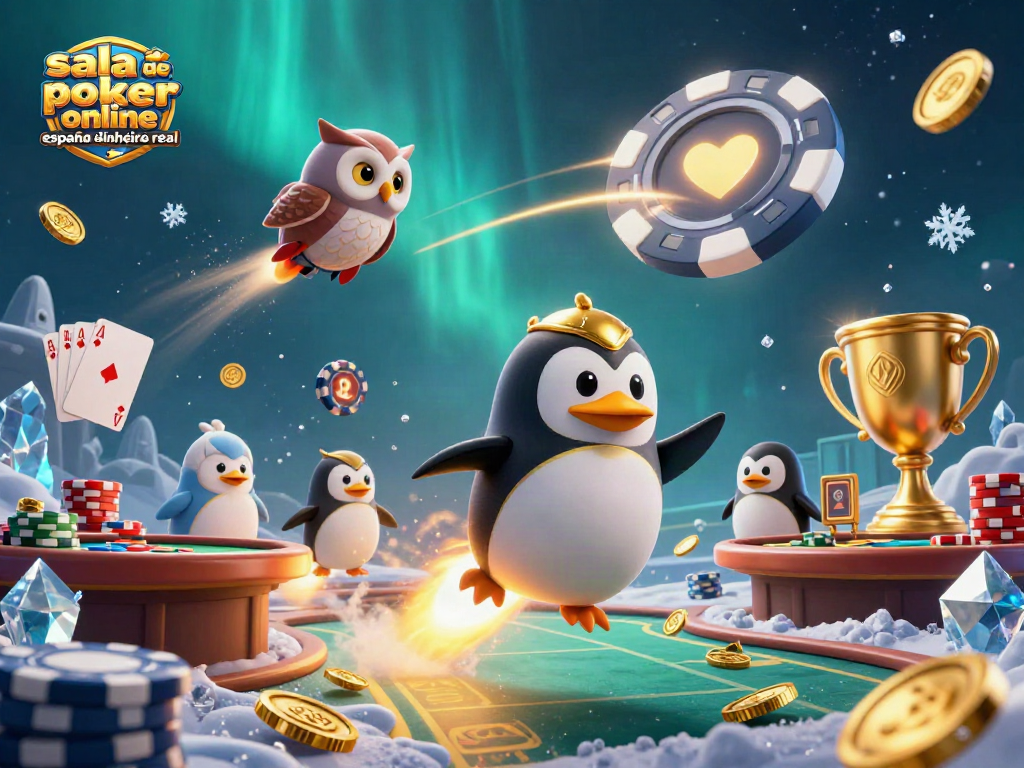 Visualiza salas de poker online España dinero real junto a un pingüino dorado volador en el espacio