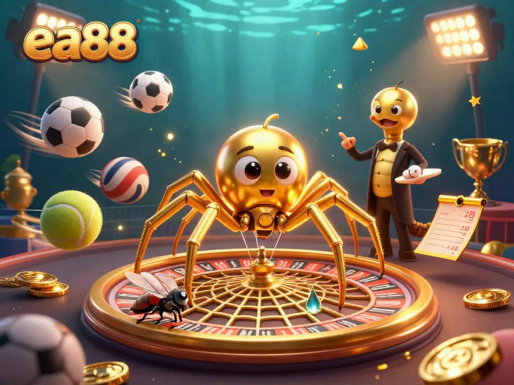 Cá cược tại ea88 với con nhện vàng xoay vòng bánh xe roulette lấp lánh và những trái bóng thể thao bay quanh
