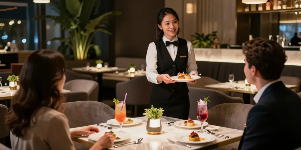 강남 타이밍의 고급스러운 라운지 풍경, 세련된 매니저와 독창적인 음료 세팅.