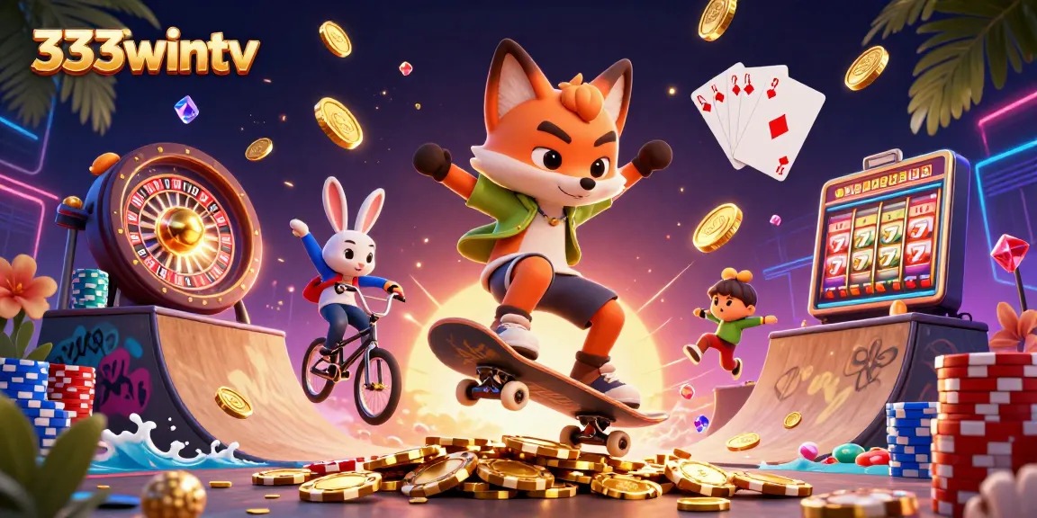 Engage in exciting games at 333wintv with dynamic action featuring a fox and rabbit amidst casino elements.
