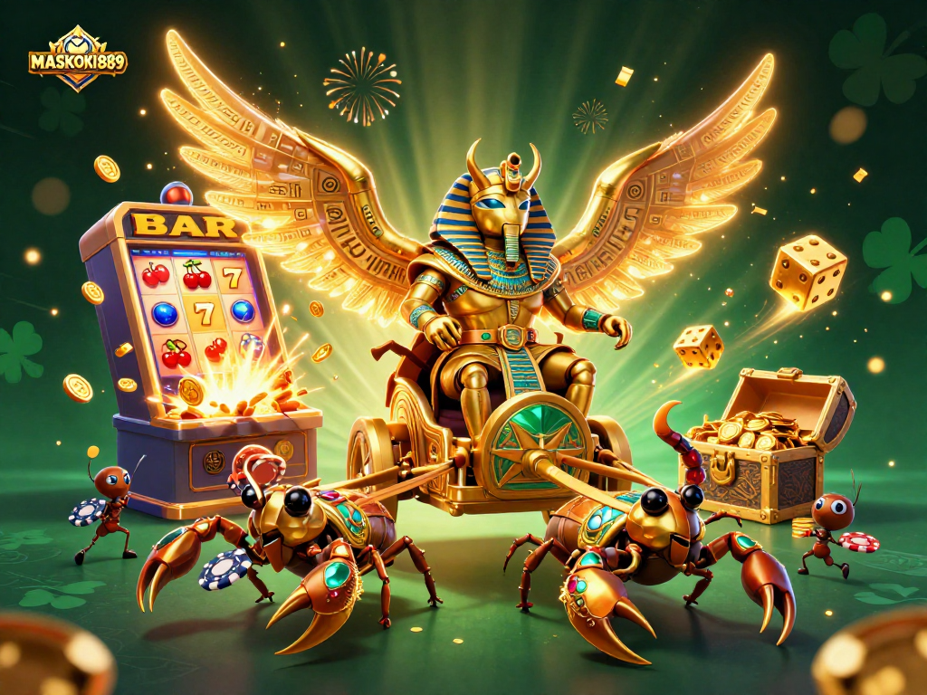 Experience exciting gaming with MASKOKI889 through a vibrant casino scene showcasing a golden scarab and slot machine.