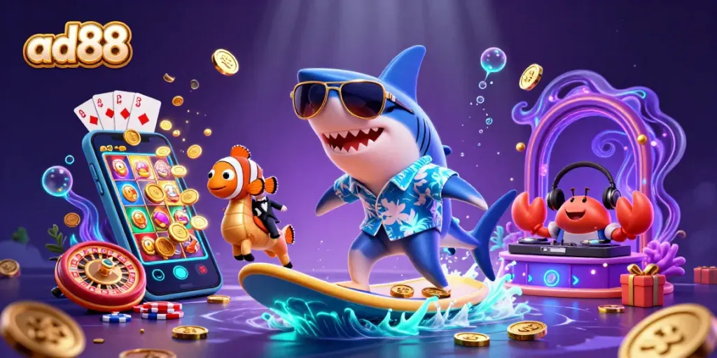 Experience the thrilling action of ad88 with a vibrant underwater casino scene featuring animated characters.