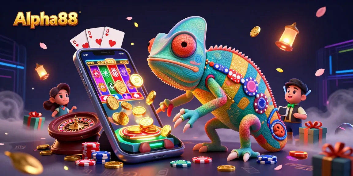 Play exciting casino games at Alpha88 with a colorful chameleon casino owner and vibrant elements.