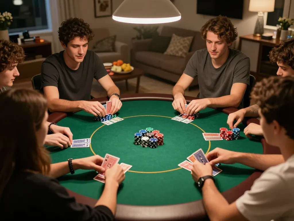Players strategizing with rokok 88 poker chips in a cozy home game night setting.