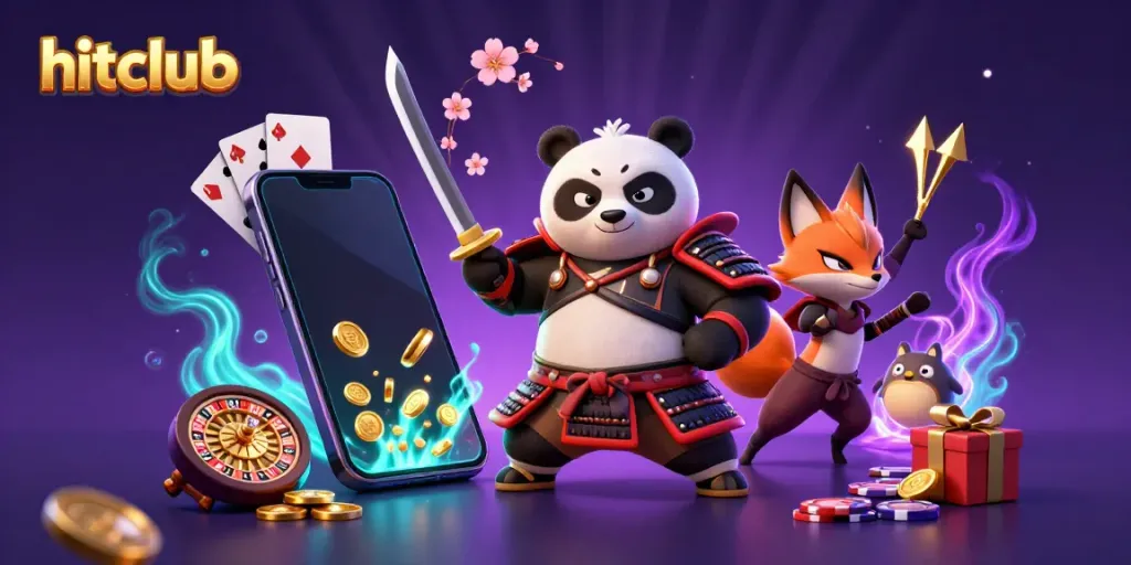 Experience thrilling rewards at hitclub with a vibrant illustration showing dynamic gambling elements in action.