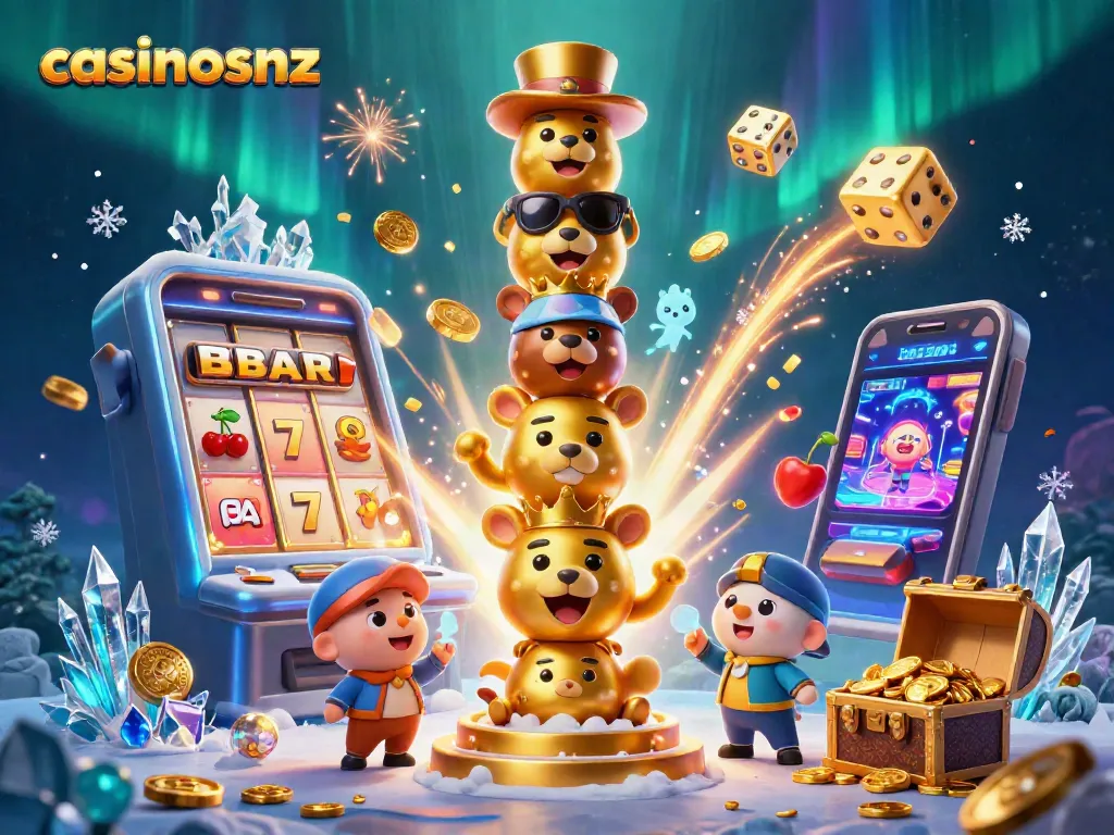 Play exciting games at casinosnz featuring vibrant 3D illustration of casino-themed totem pole with jackpots and slot symbols.