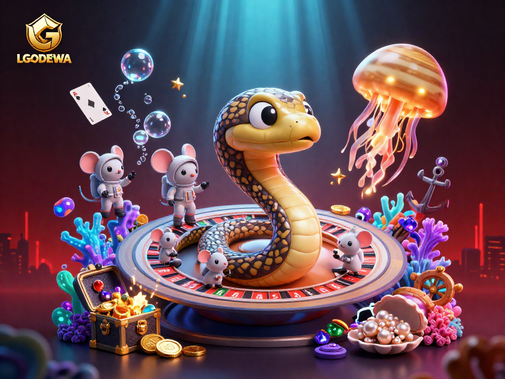 Experience LGODEWA's cosmic casino charm with cartoon characters betting in a vibrant 3D scene.