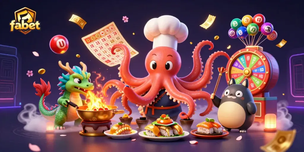 Play and win with fabet in this vibrant online casino illustration featuring exciting game elements.