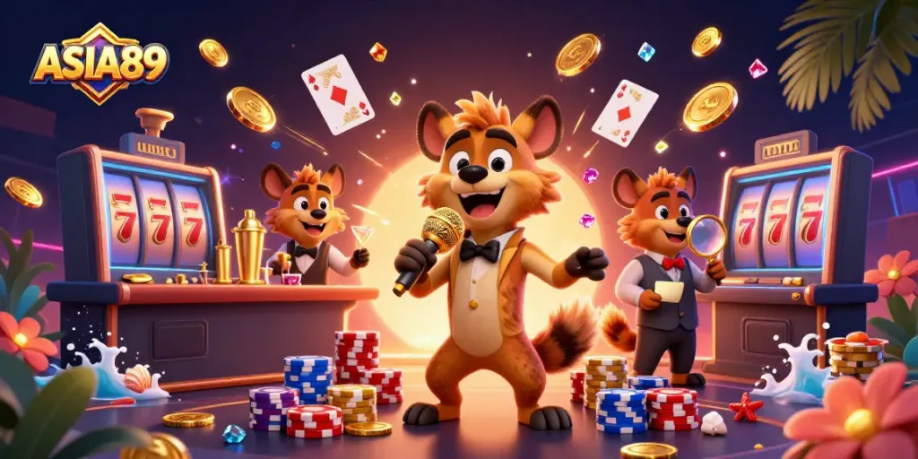 ASIA89 features a vibrant comedy casino scene with hyena characters and exciting gaming elements.