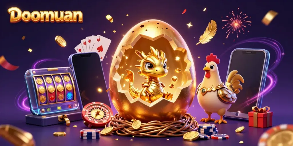 Doomuan showcases a golden dragon amidst poker chips and vibrant casino elements, celebrating wins.
