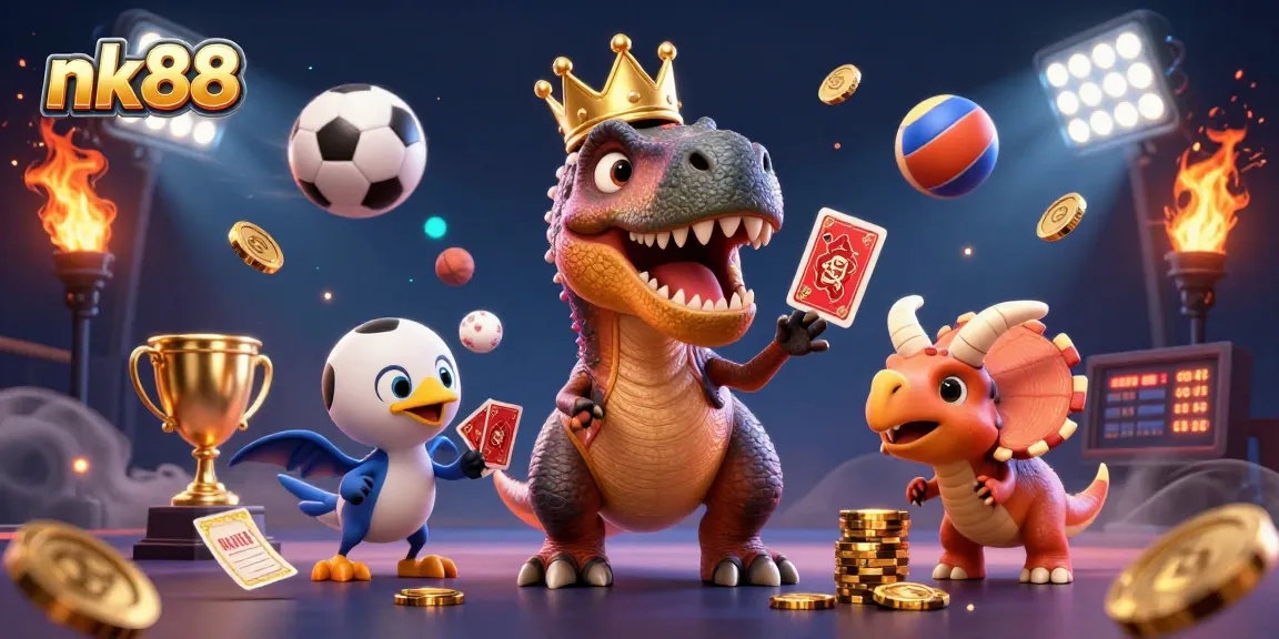 Experience thrilling gaming with nk88 as a T-Rex and friends shuffle cards and stack chips, surrounded by exciting sports elements.