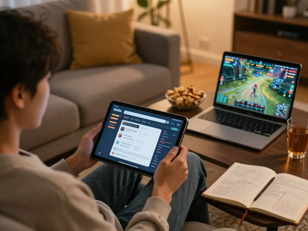 KADAL 778 online gaming scene with player using tablet in a cozy home setting.