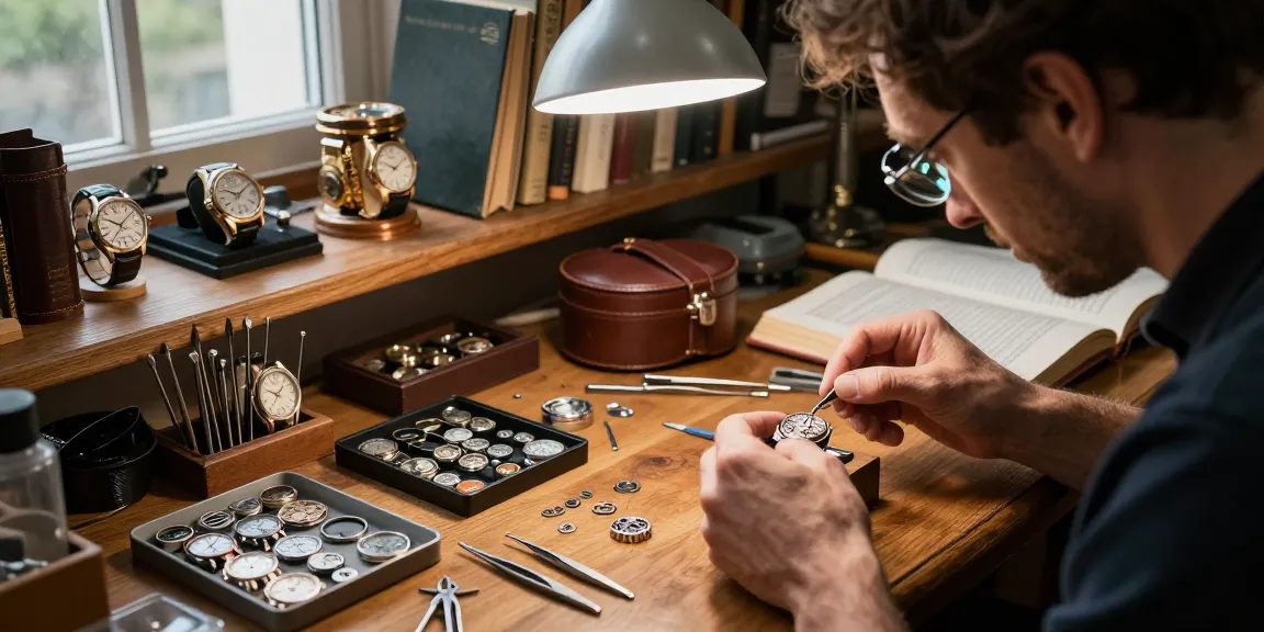 Expert horologist inspecting 4130 Daytona movement parts in a vintage workshop