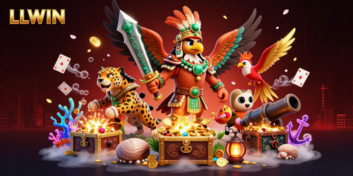 Experience a vibrant gambling adventure with LLWIN, showcasing a dynamic Aztec warrior eagle and riches from the sea.