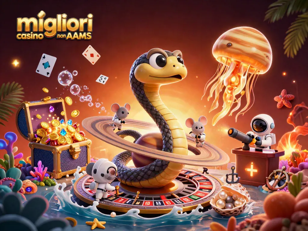 I migliori casino non AAMS in un'illustrazione 3D animata con personaggi da casinò e ricchezze sottomarine.