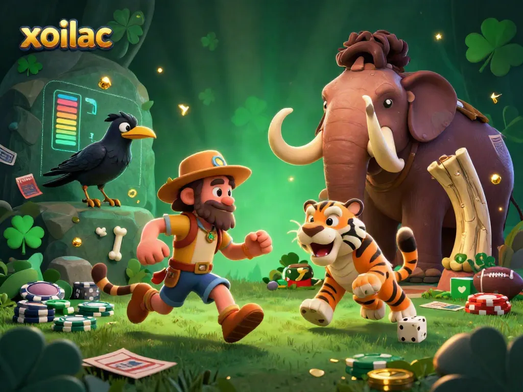 Engage with xoilac's dynamic sports betting scene featuring caveman and sabertooth tiger duo in prehistoric casino.