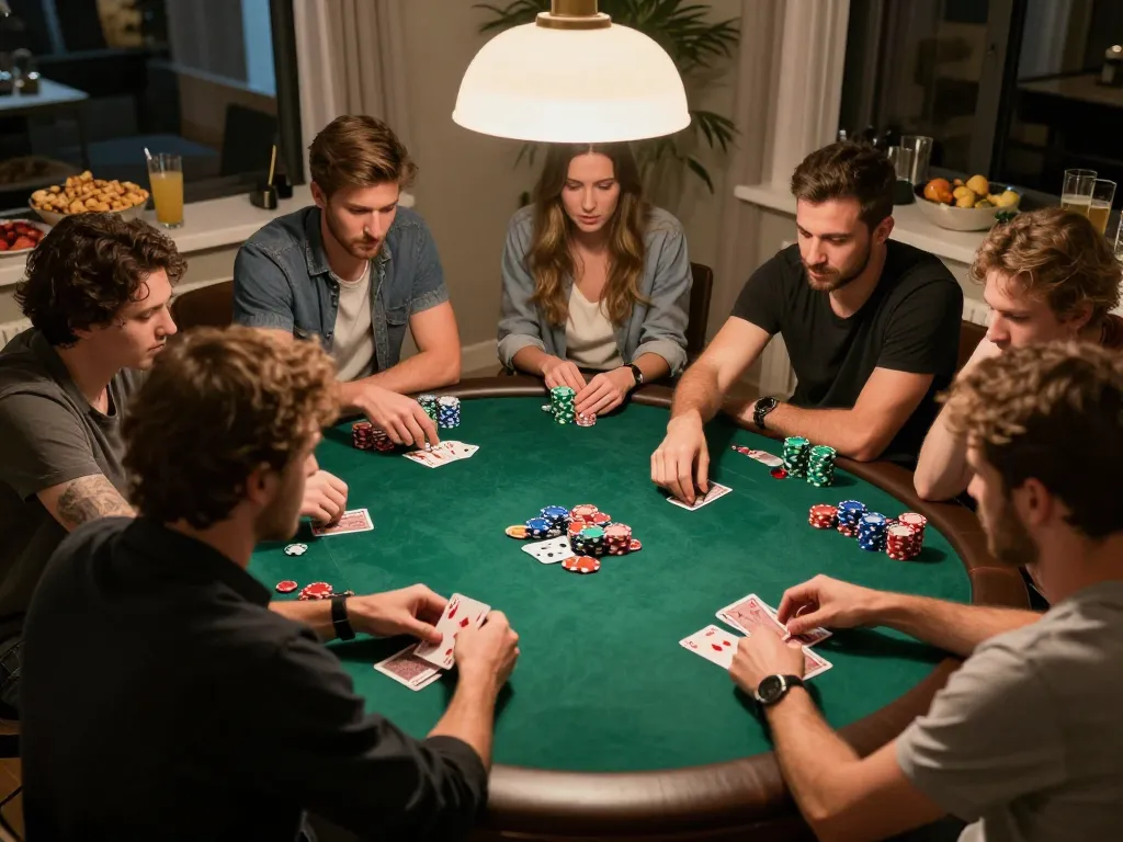 Friends engaged in an exciting poker game, showcasing situs toto strategies and strategic gameplay.