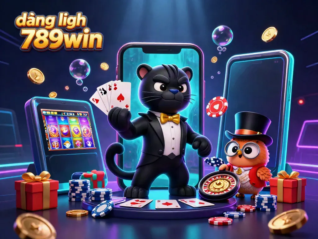 Engage in thrilling gaming as you log in to 789win, featuring vibrant casino characters and gaming elements.