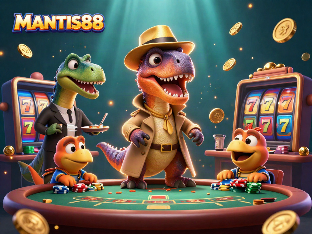 MANTIS88 brings a vibrant scene with a cartoon velociraptor at a blackjack table surrounded by jackpot elements.