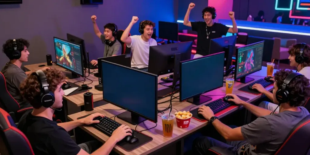 Men enjoying gaming experience at Manclub with vibrant screens and snacks