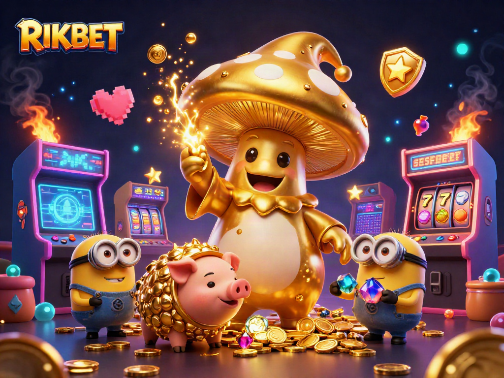 Experience RIKBET's golden magic with a wizard, treasures, and vibrant casino elements.