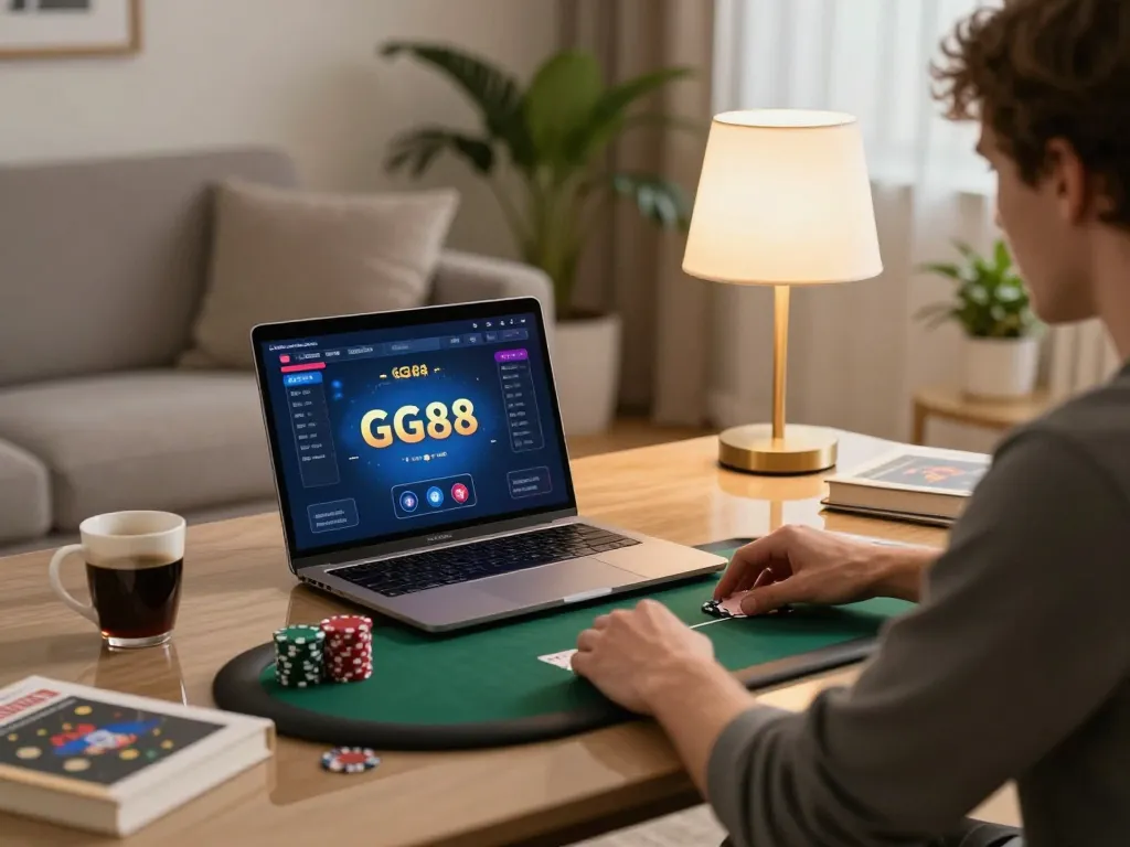 Experience thrilling GG88 poker gameplay in a cozy home gaming setup with an inviting atmosphere.