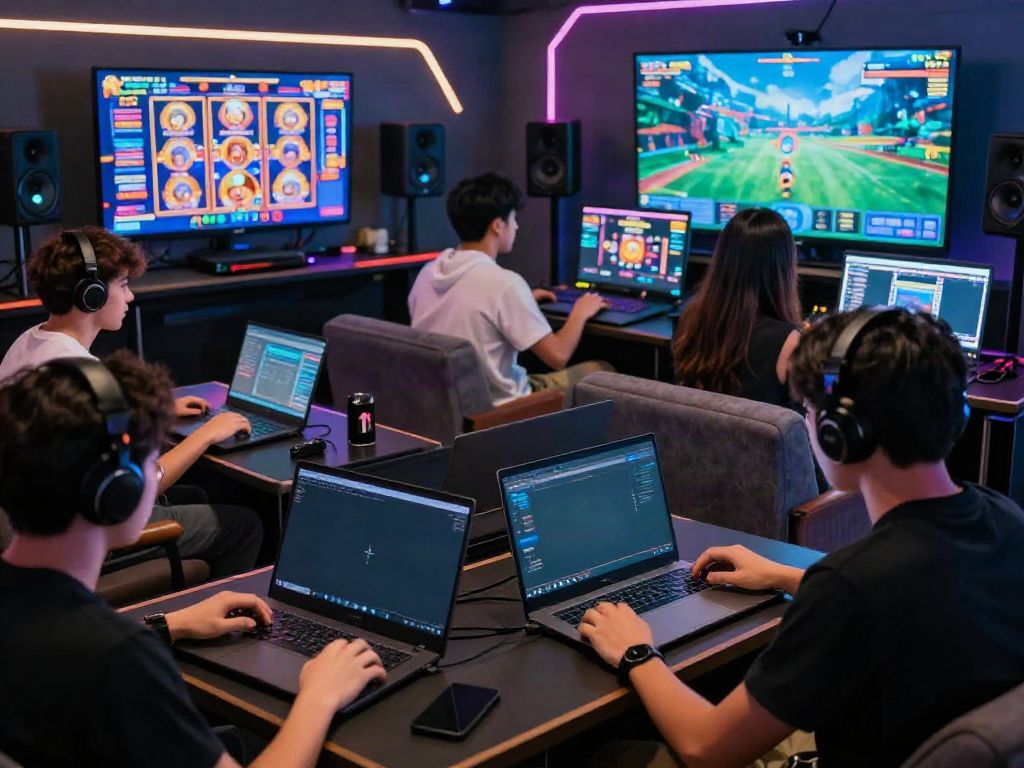 Players enjoying QQMacan's immersive slot gaming experience with high-tech devices, showcasing vibrant visuals.