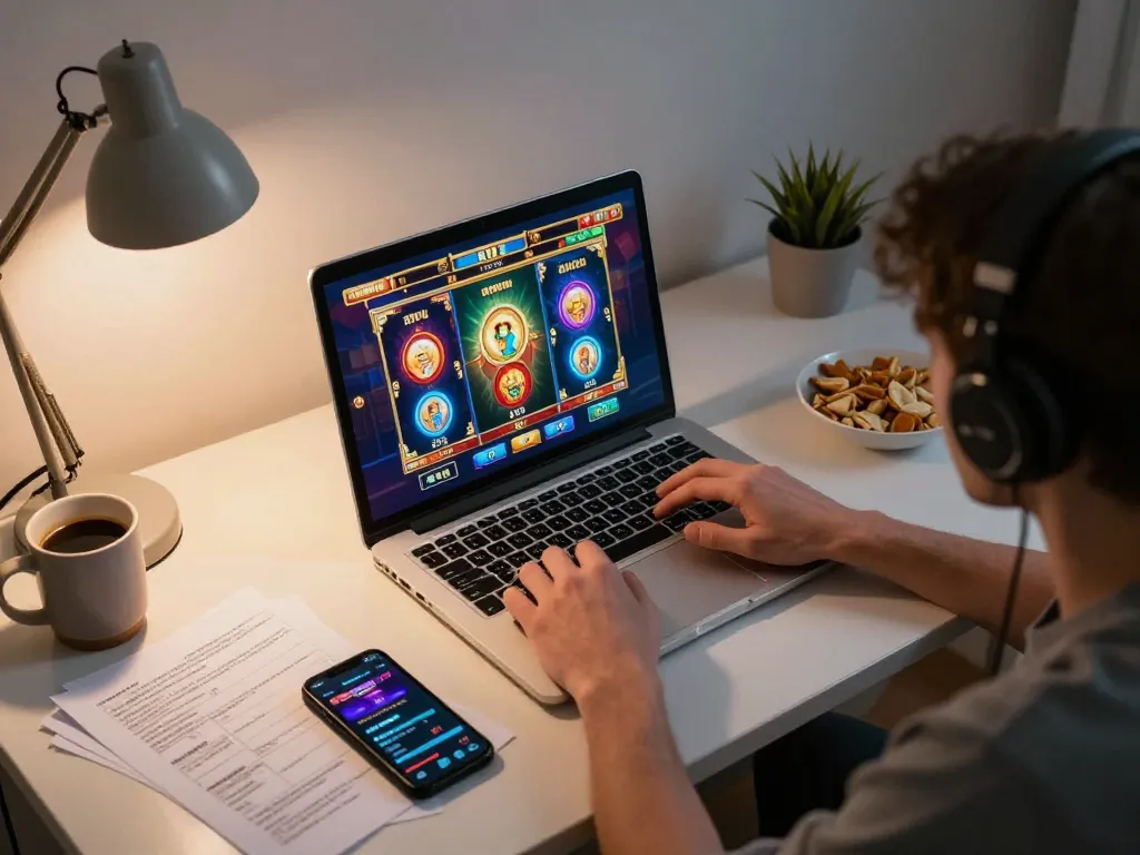 Engaged player enjoying Slot Online gaming at home, illustrating strategic gameplay in a cozy atmosphere.