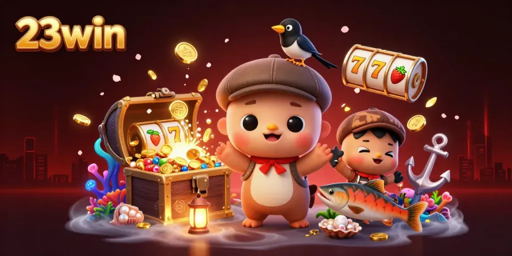 Experience exciting wins at 23win with playful characters surrounded by colorful casino elements.