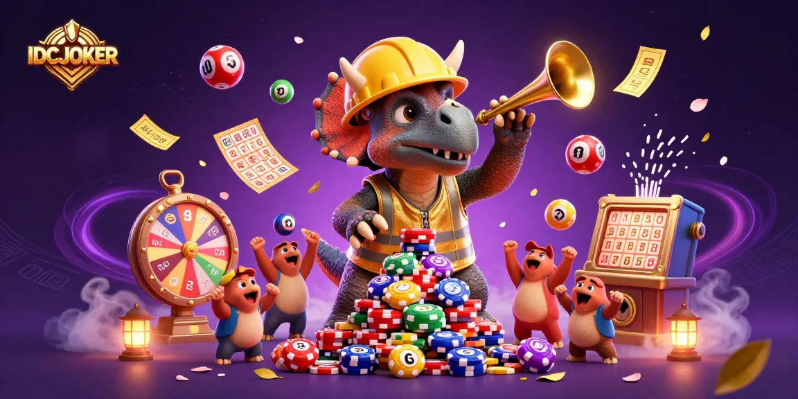 Engage with IDCJOKER while a triceratops builds chip pyramids amidst colorful lottery elements.