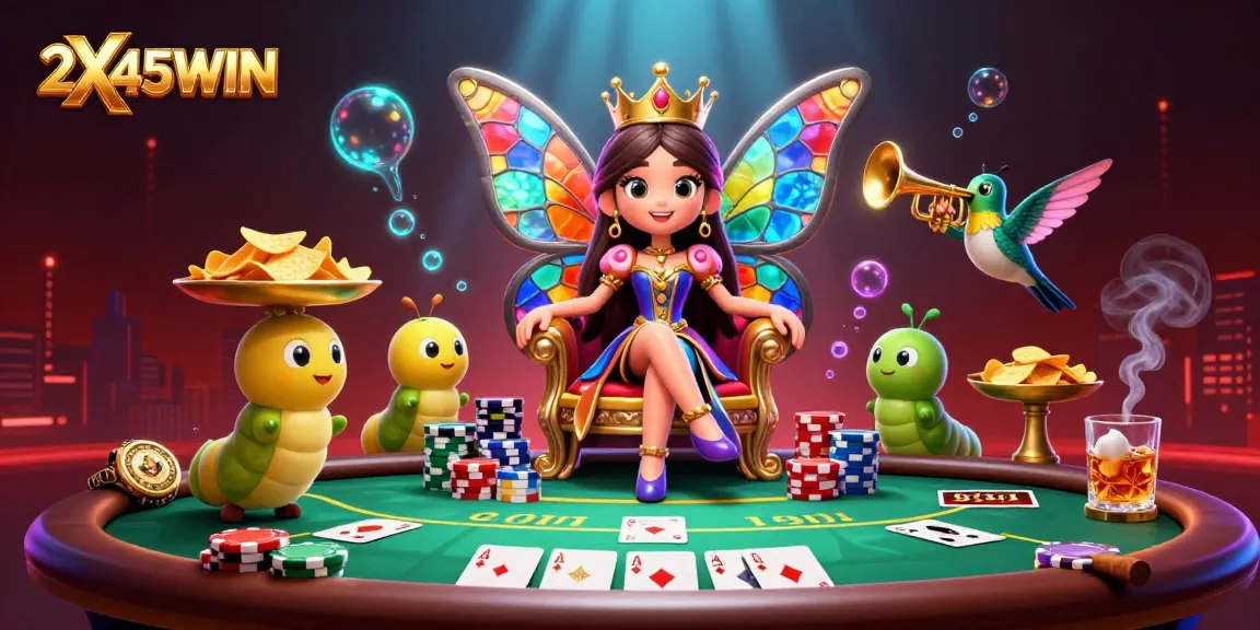 Permainan menarik di 2X45WIN dengan ratu kupu-kupu dan poker chips yang menghias jajaran.