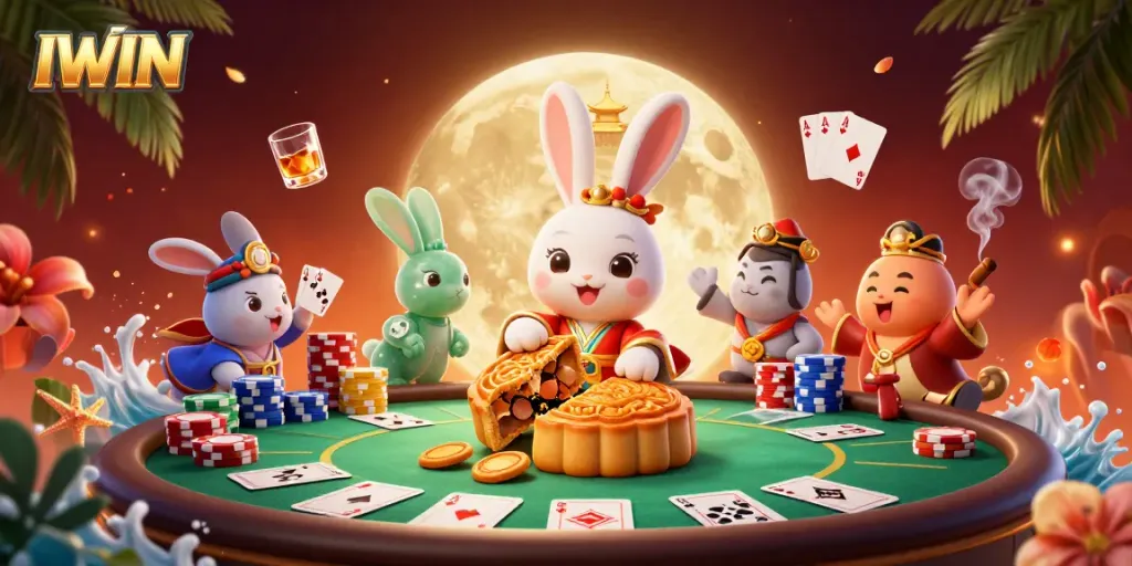 IWIN features a vibrant gaming scene with a moon rabbit and poker elements in a dazzling 3D illustration.