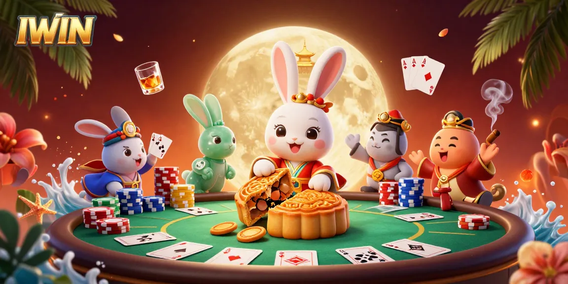 IWIN features a vibrant gaming scene with a moon rabbit and poker elements in a dazzling 3D illustration.