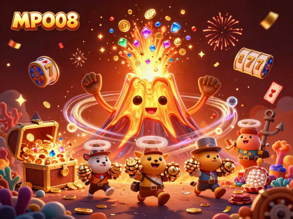 MPO08 showcases a vibrant scene of triumphant treasure hunting with a golden volcano and dynamic casino elements.