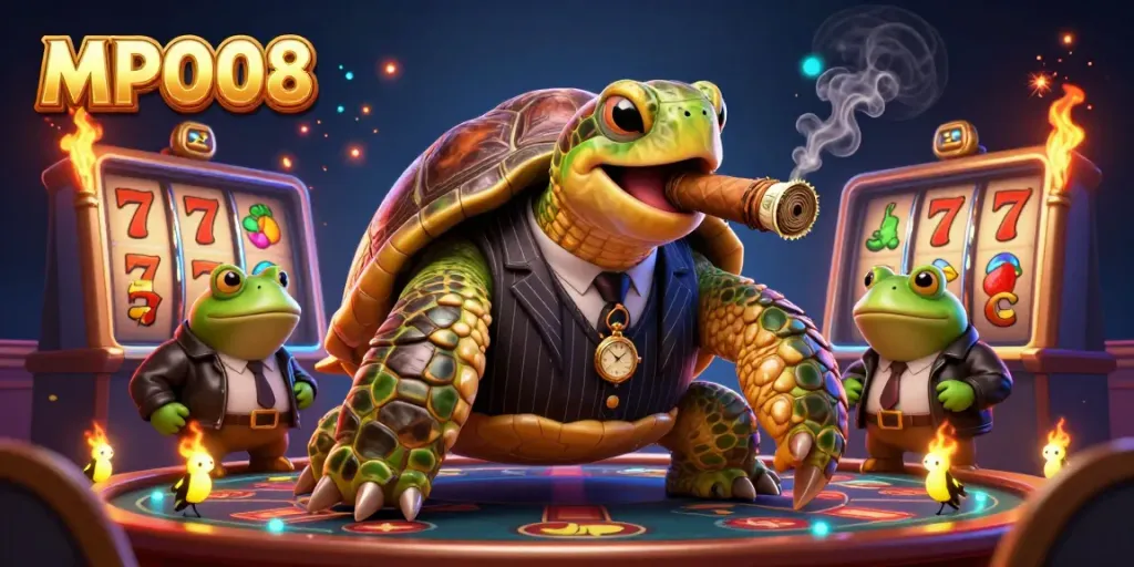 MPO08 showcases a vibrant casino scene with a stylish mobster turtle and frog enforcers entertaining players.
