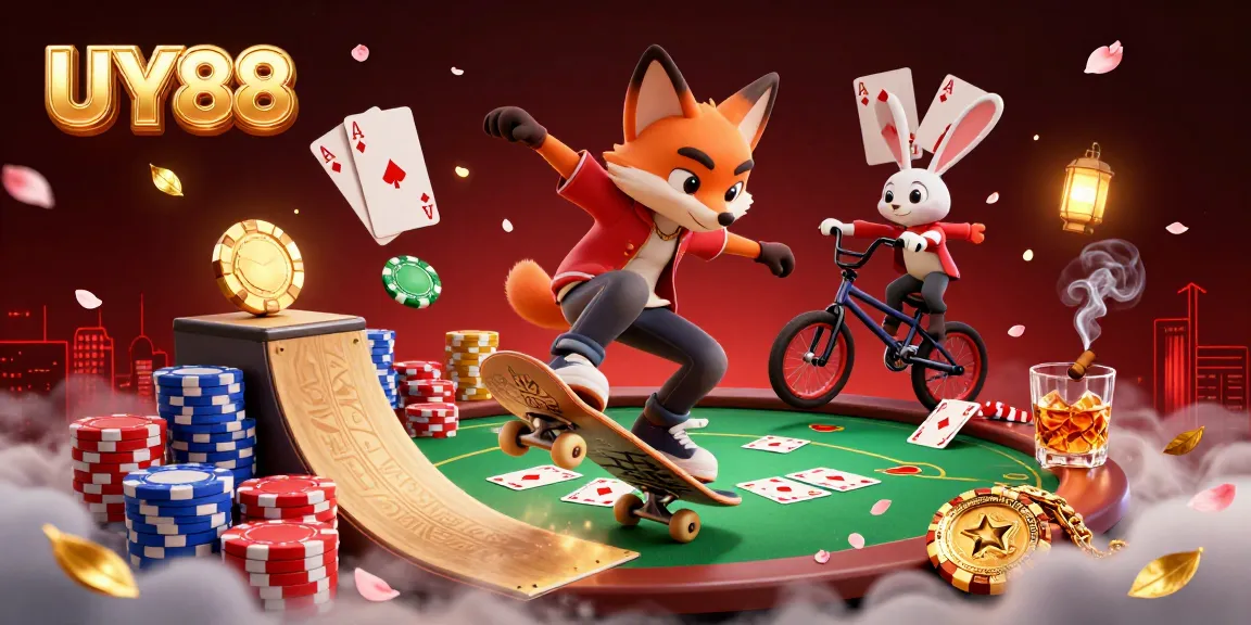 Experience UY88 with a skateboarder fox performing tricks amidst casino elements and vibrant graphics.