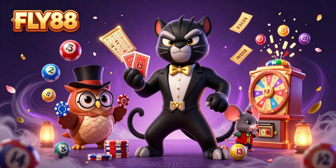 FLY88 features an impressive illustration of a tuxedo-clad panther, enhancing online casino excitement.
