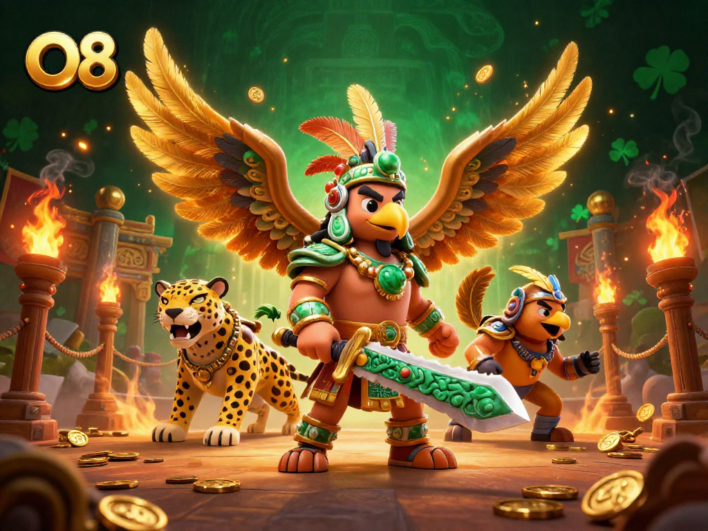 Engage with O8’s thrilling casino experience showcasing a dynamic scene of Aztec warriors and gold treasures.