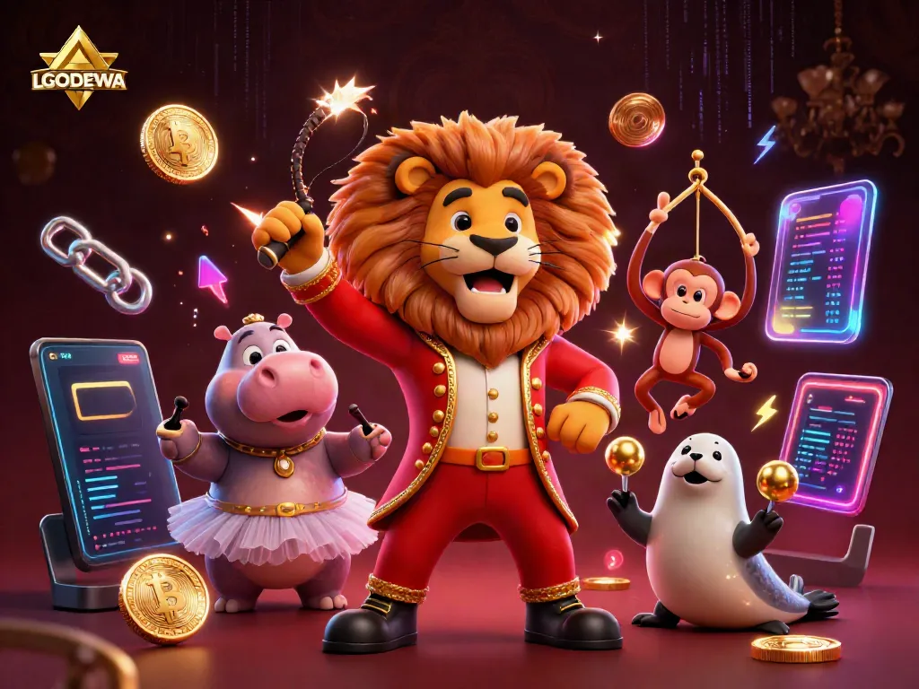 Join the excitement of LGODEWA with a vibrant casino circus scene featuring a lion, hippo, monkey, and seal.