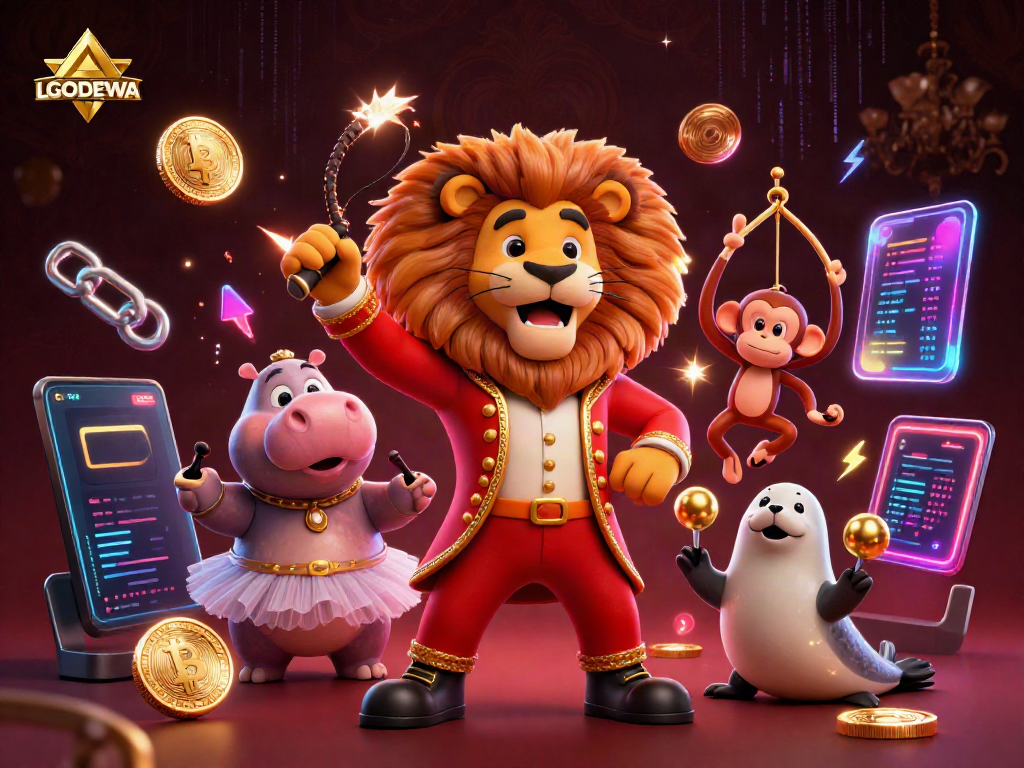 Join the excitement of LGODEWA with a vibrant casino circus scene featuring a lion, hippo, monkey, and seal.