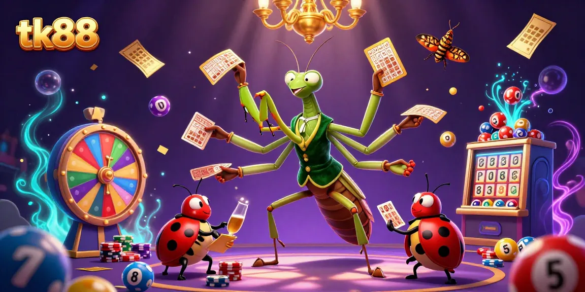 Engaging scene of tk88's giant mantis card sharp dealing cards while a ladybug pit boss oversees exciting gambling elements.